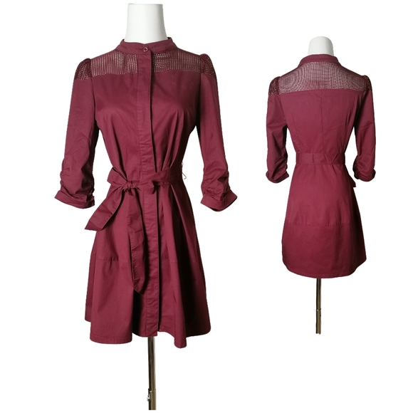 🌰 maroon small stand-up collar 7/10 length sleeves midi dress by MWQR - Picture 8 of 8